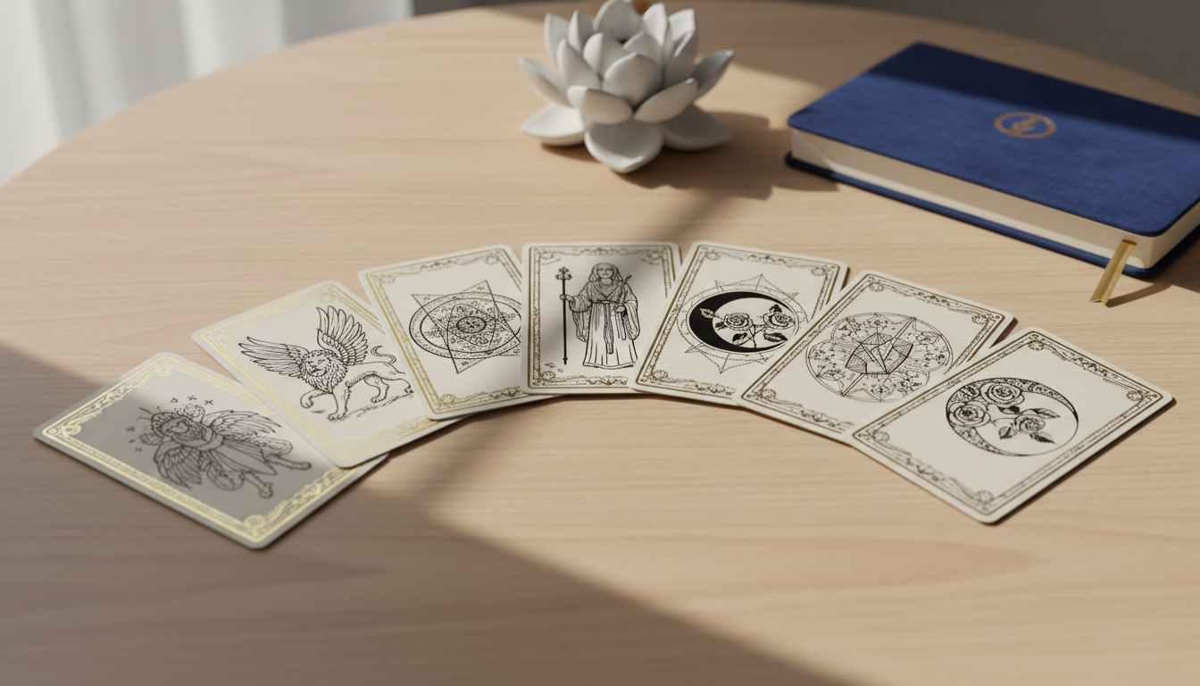A structured spread of elegant tarot cards, each card featuring intricate line art and gold foil detailing, arranged in a precise arc on a smooth, neutral-toned wooden table. The backdrop is softly blurred, featuring minimalist decorโperhaps a sculpted ceramic incense holder and a closed journal with a velvety cover. Natural light enters from an unseen source, casting gentle, diffused highlights and soft-edged shadows across the spread. The composition is balanced and centered, shot from a slightly elevated angle with moderate depth of field, imparting an atmosphere of calm professionalism. The photographic style is clean, modern, and corporate, reinforcing clarity and trust for a business offering virtual psychic readings.